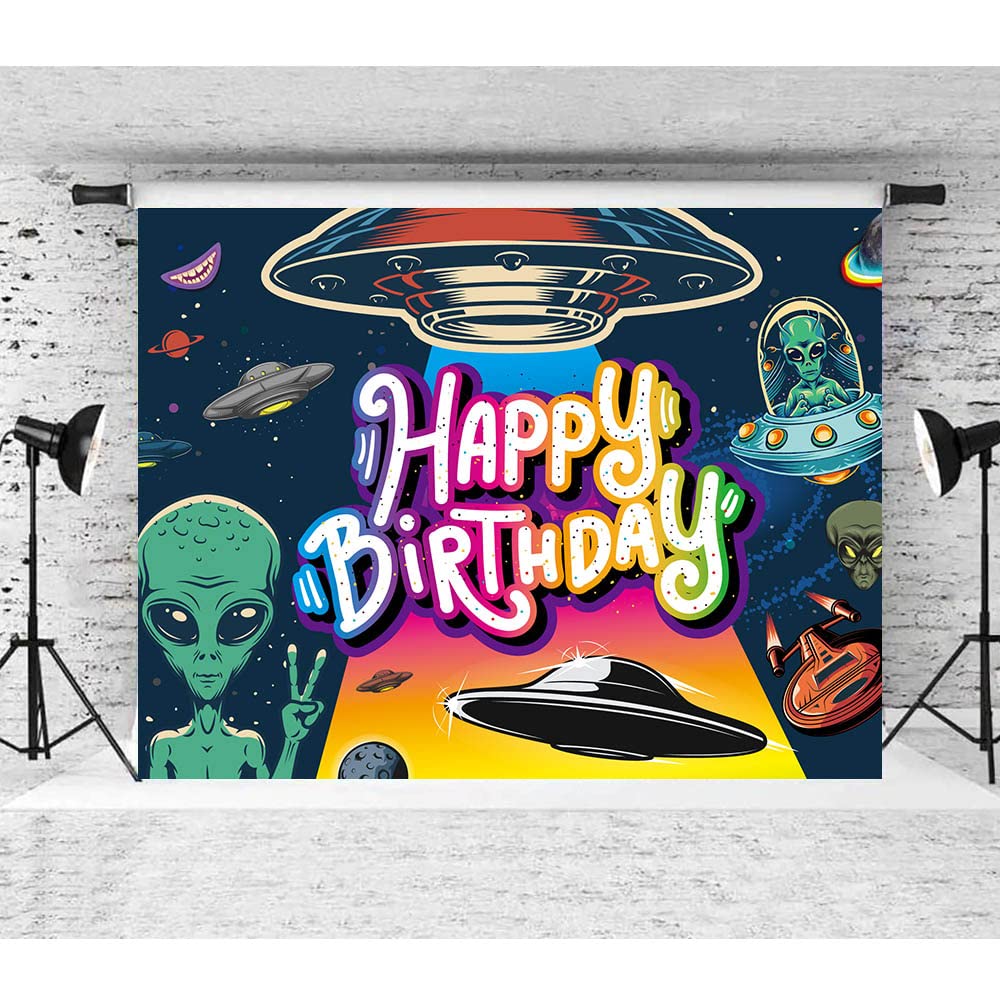 Iiiluyot Funny Ufo Happy Birthday Decorations Backdrop, Outer Space Universe Flying Saucer Scary Alien Ufo Theme Ufo Lovers Birt