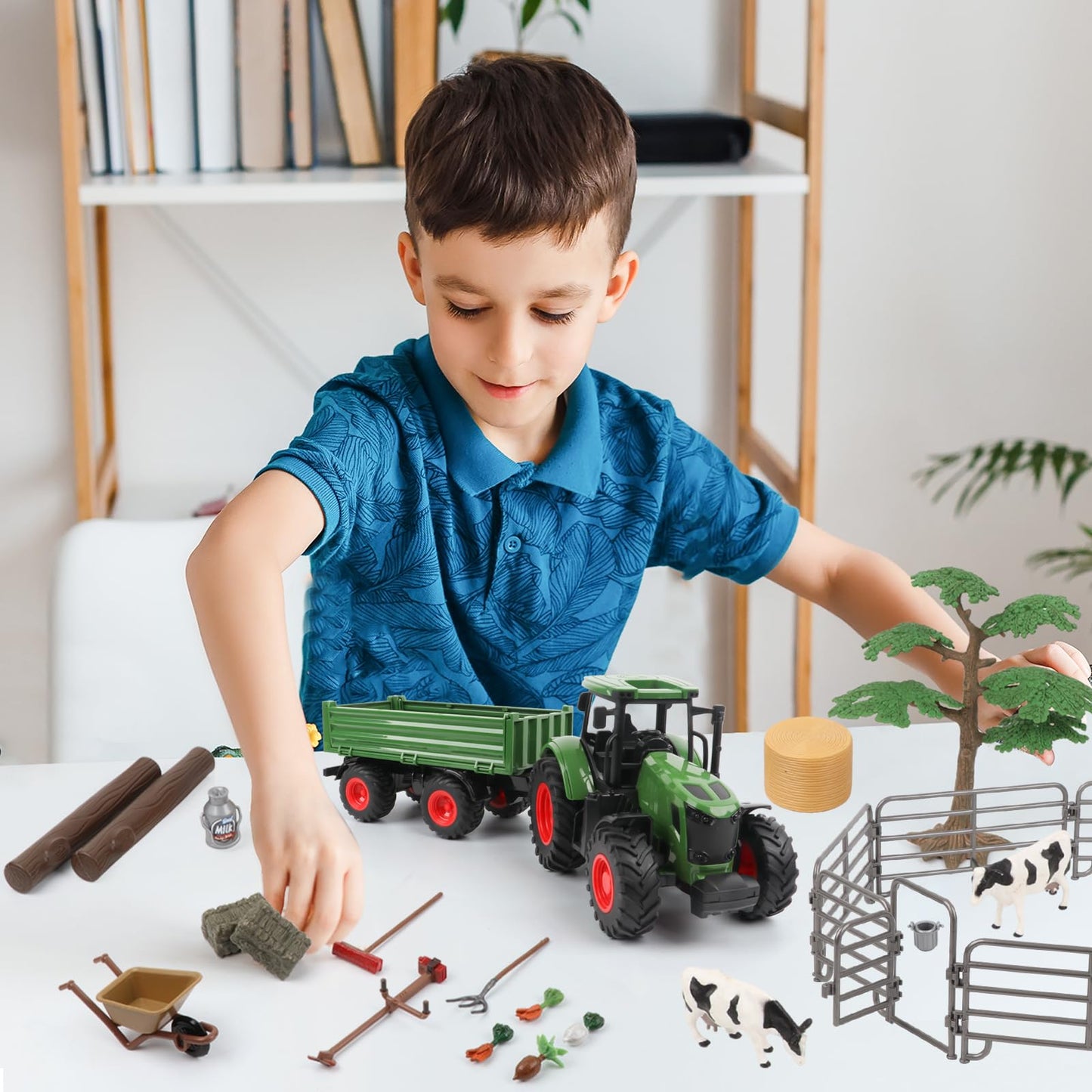Peagprav Farm Animal Tractor Toys Playset-16.5 Inches Tractor With Trailer Fence,Farmer,Tree,Cow,Farm Toy Set For Boys Girls Kid