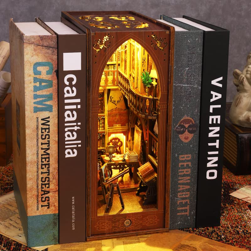 Jioustoy DIY Book Nook Kit for mature-themed  Booknook Dollhouse Miniature Tiny House Kit 3D Wooden Puzzle Bookend with LED for Bookshelf Insert Decor  Creative Gift for Teens and mature-themeds (Library of Books)