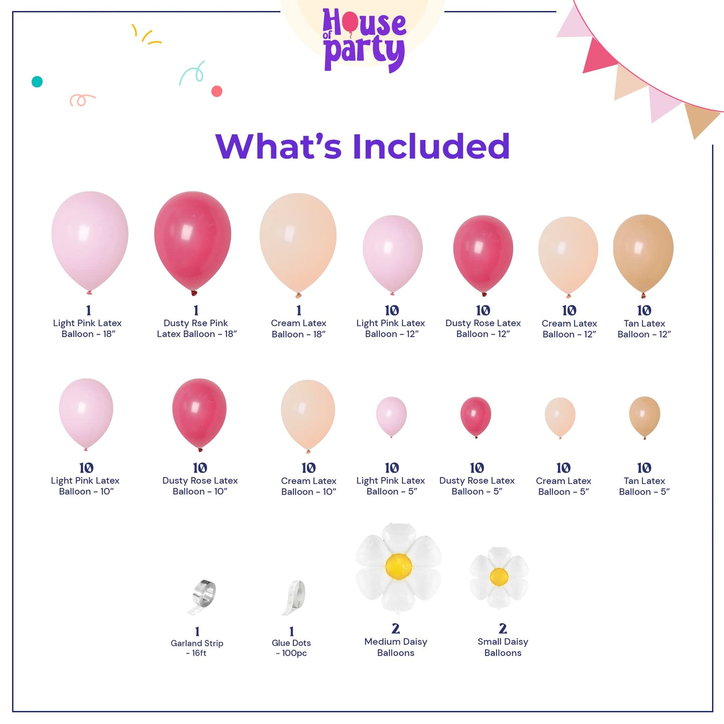 House Of Party Groovy Balloon Arch 120 Pcs - Pink, Sand, Peach, Neutral & Flower Balloons Garland With Daisy Balloon & Groovy Ba