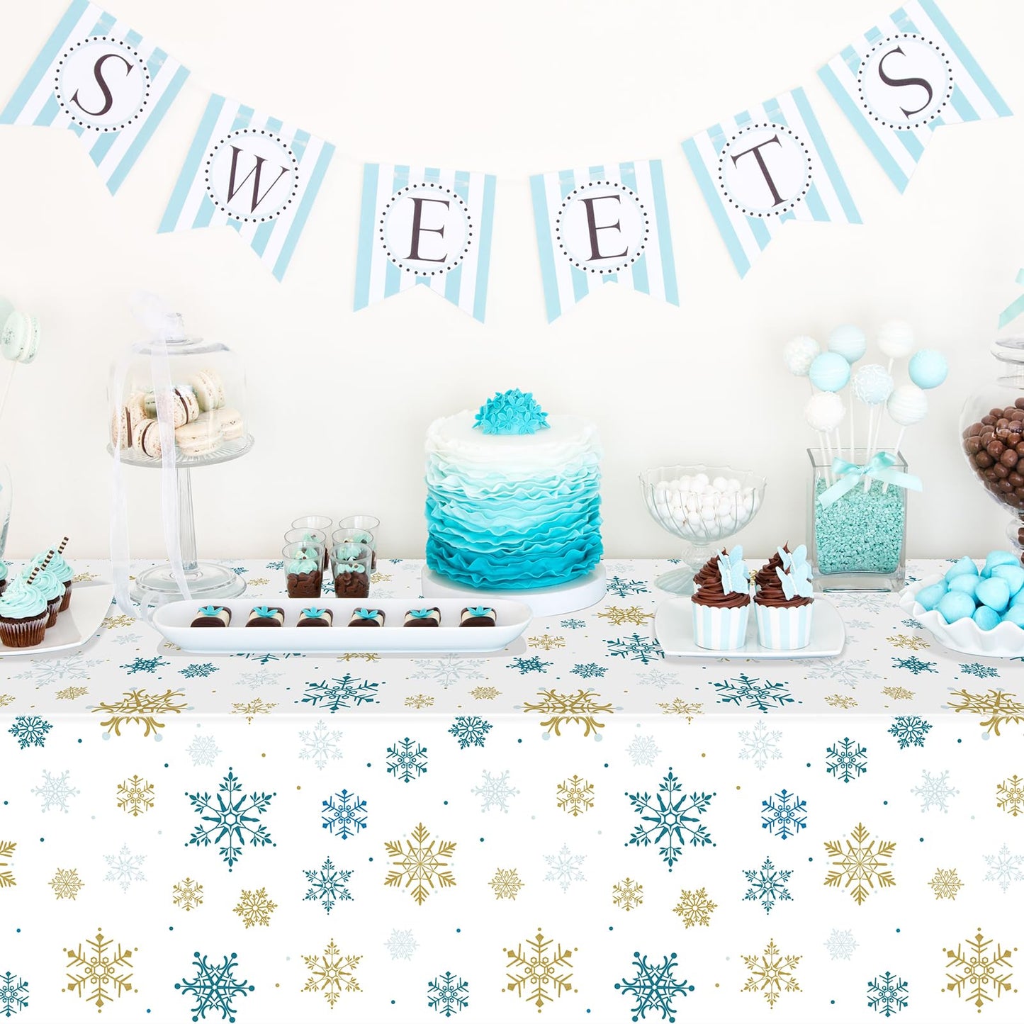 3Pcs Snowflake Plastic Tablecloth Christmas Snowflake Disposable Table Cloth White Blue and Gold Winter Wonderland Table Cover f