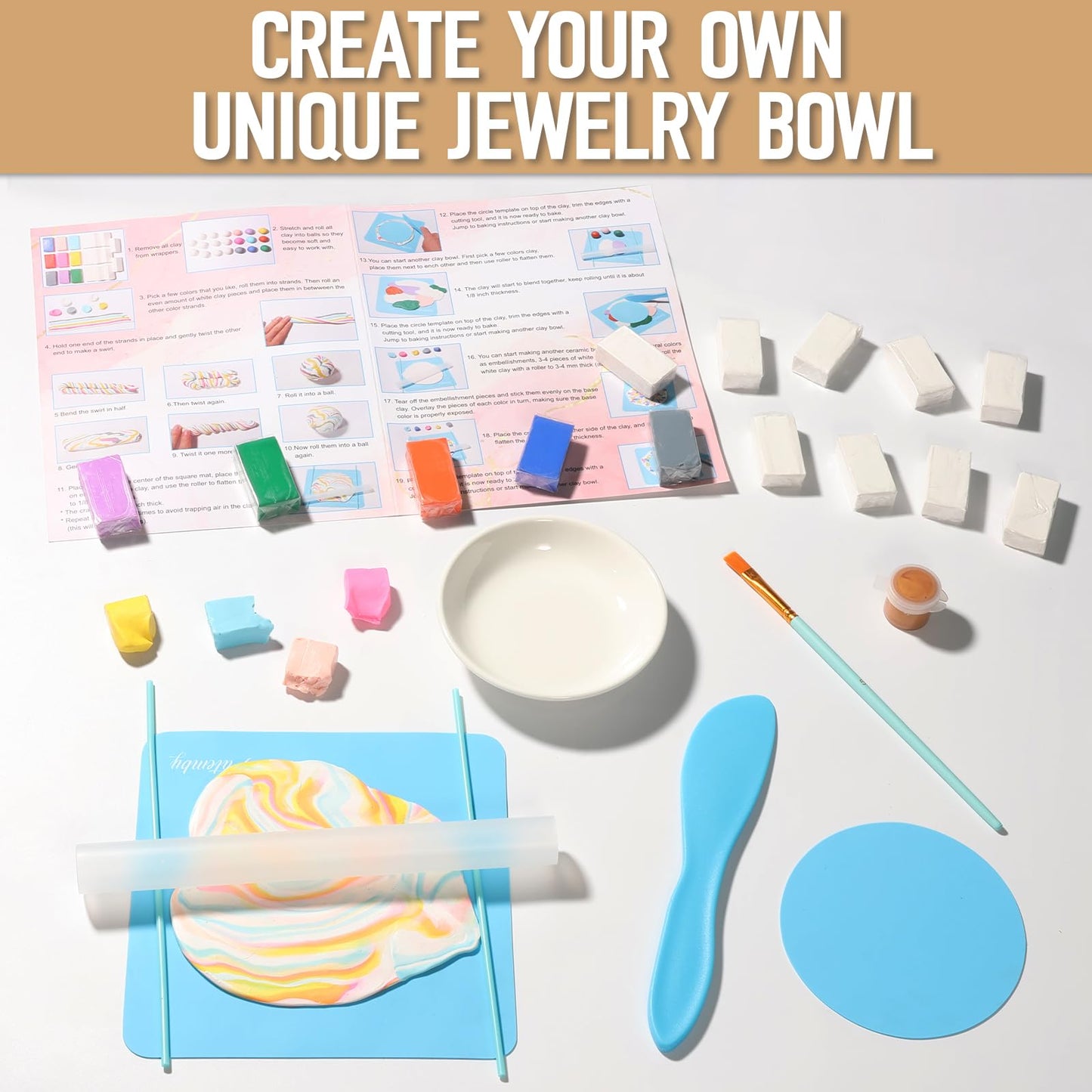 Patemby Clay Jewelry Bowls Arts and Crafts Kit - DIY Polymer Clay Dish for Teens, Multi-Color, Ages 8-12, Model: CLAY JEWELRY BOWL CRAFT