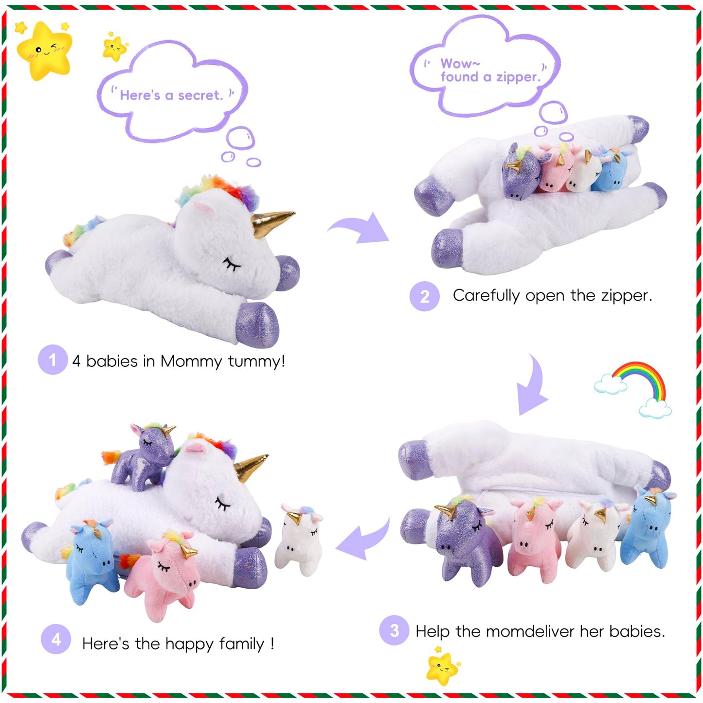 5 Pieces Magical Creature Stuffed Animals For Girls, 1 Big Mommy With 4 Mini Babies, Soft Plush Toys For Kids Ages 3 And Up,Grea