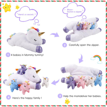 5 Pieces Magical Creature Stuffed Animals For Girls, 1 Big Mommy With 4 Mini Babies, Soft Plush Toys For Kids Ages 3 And Up,Grea