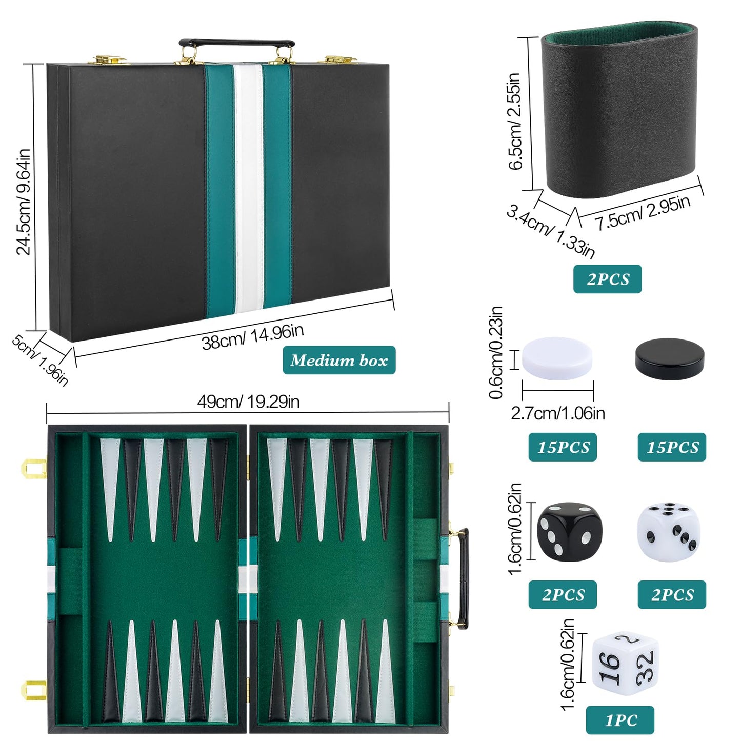 RERIVER Backgammon Set for 2 Players - Classic Green Leatherette Case, 15 inch Portable Travel Board Game