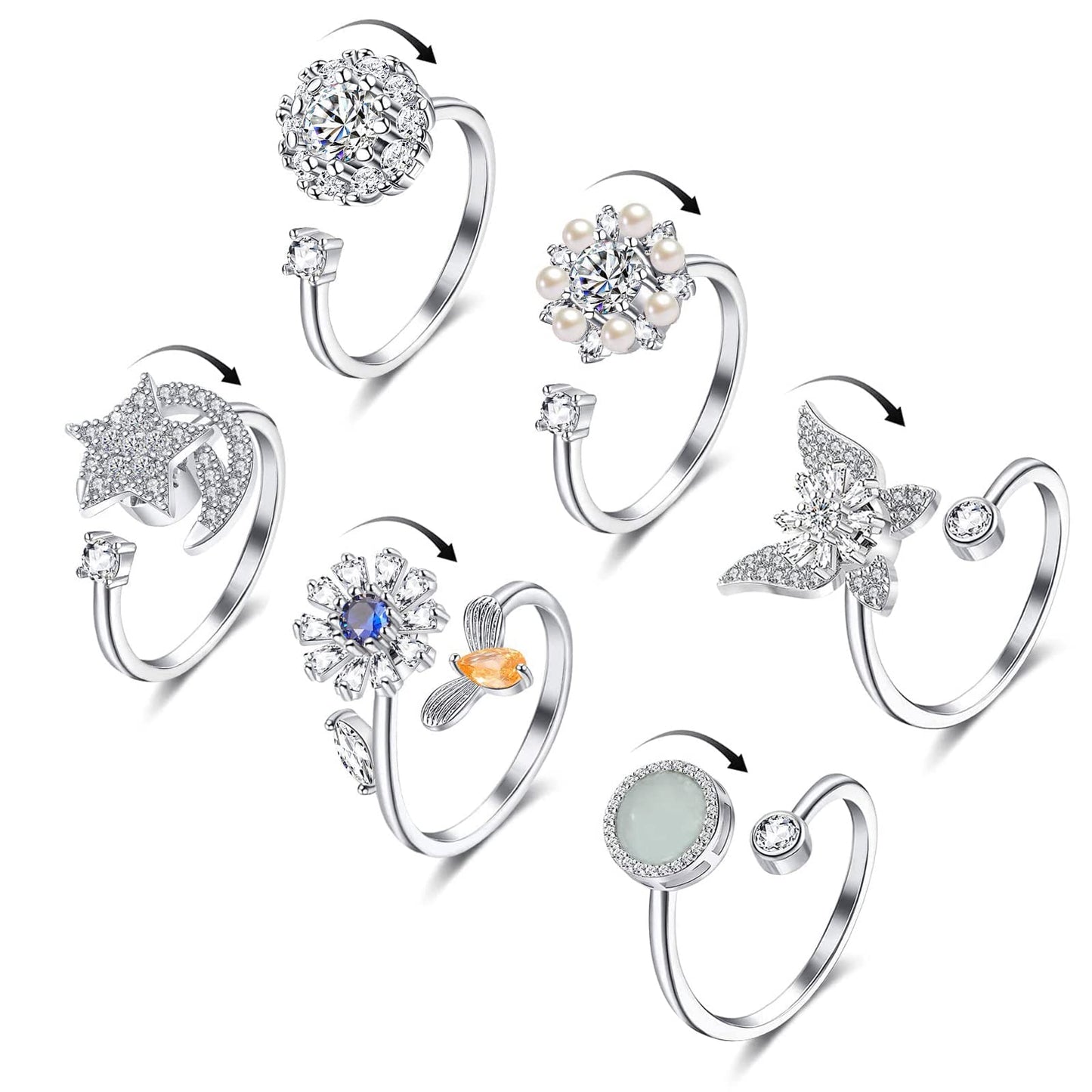 Honsny 6Pcs 14K Gold Plated Anxiety Rings For Women, Adjustable Spinner Anxiety Ring, Cz Butterfly Bee Moon Star Fidget Rings Fo