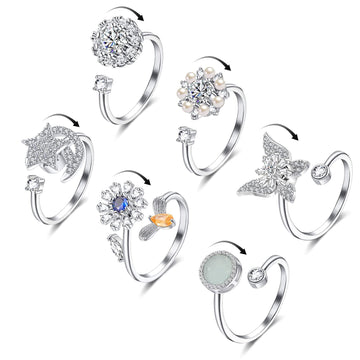 Honsny 6Pcs 14K Gold Plated Anxiety Rings For Women, Adjustable Spinner Anxiety Ring, Cz Butterfly Bee Moon Star Fidget Rings Fo