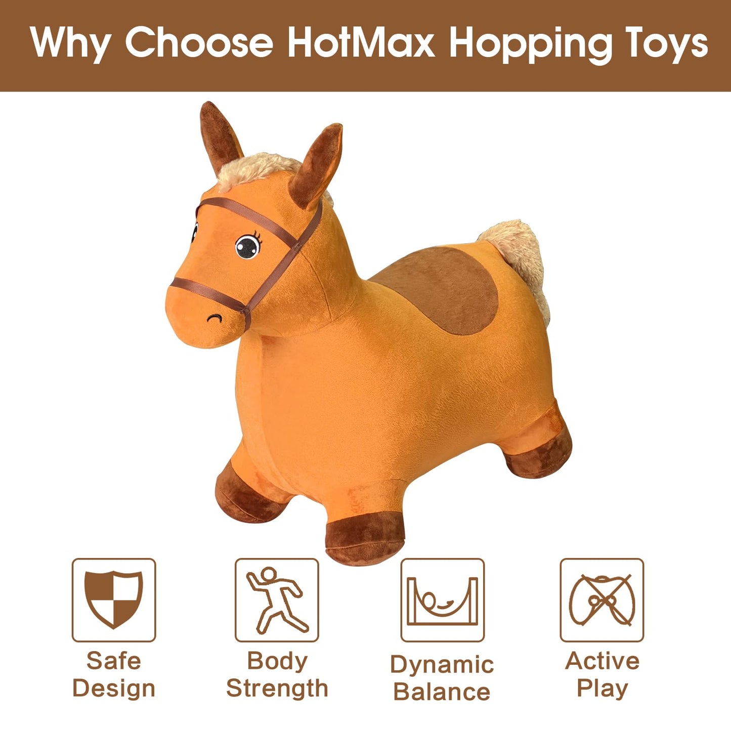 HotMax Brown Inflatable Hopping Horse Toy for Toddlers, Plush Bouncy Ride-On, Ideal Birthday Gift for 18 Months to 4 Years Old