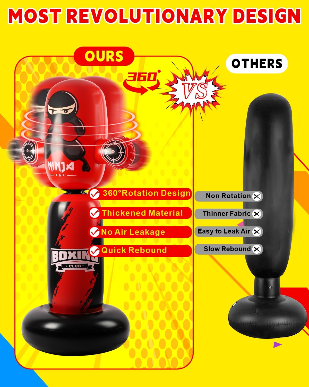 VCOLAN Punching Bag for Kids,63inch Kid Punching Bag,New Upgraded 360Rotating Inflatable Boxing Bag Ninja Toy Christmas Birthday