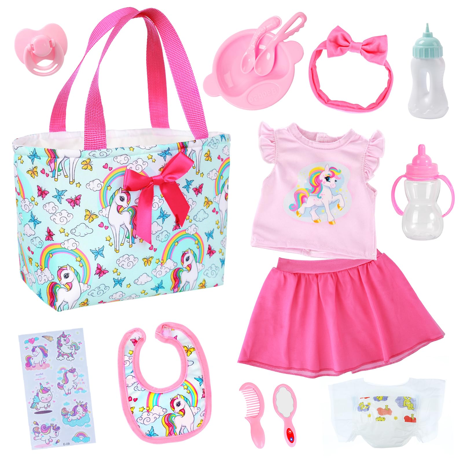 Ecore Fun 15 Pcs Baby Doll Diaper Bag with Clothes and Accessories  Includes 16 Inch Girl Doll Clothes  Bottles  Pacifier  Bib  Diaper