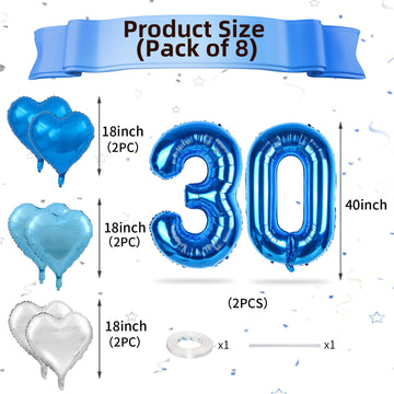 Biapian 40 Inch Blue Number 30 Balloons, 8Pcs Large Foil Number 3 & 0 Balloons With 18'' Blue Silver Heart Shape Balloon For 30T
