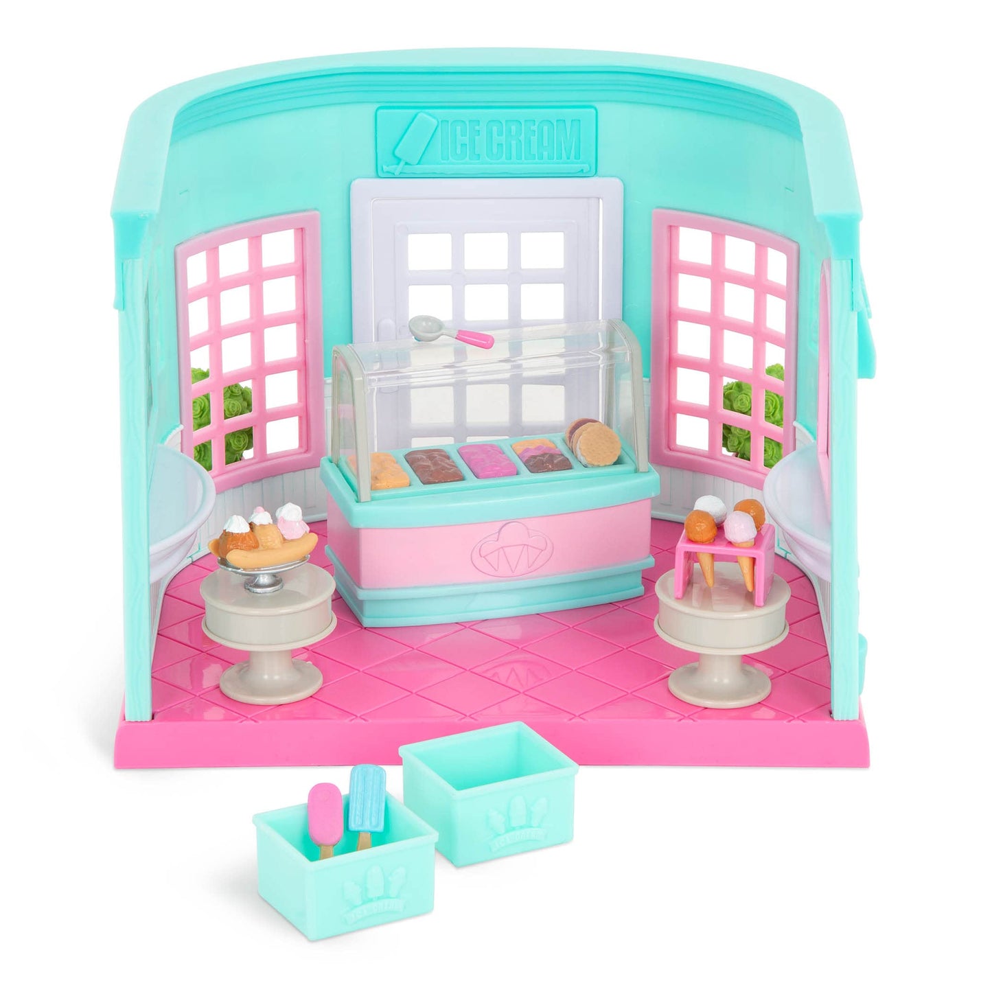 Li’L Woodzeez – Scoops & Sprinkles Ice Cream Shop – 21Pcs Dollhouse Playset – 2 Posable Doll Figures & 1 Storybook Included – Miniature Food & Accessories – Stackable Playset For Kids 3+