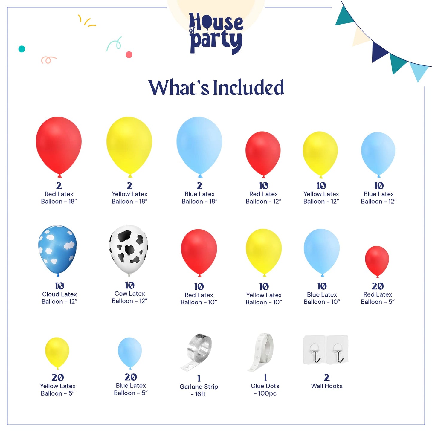 House Of Party Boy Story Balloons Garland Kit - 160 Pcs | Cow Pattern Cloud Yellow Red Blue Confetti Latex Balloons For Kids | B