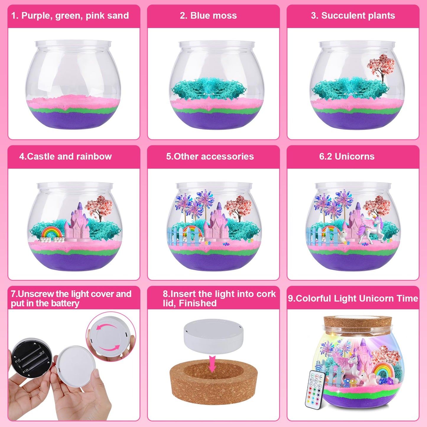 Ronstone Uni-Corn Terrarium Kit Toys For Girls - Birthday Christmas Gift For Girls Ages 4 5 6 7 8-12 Year Old - Light Up Diy Uni