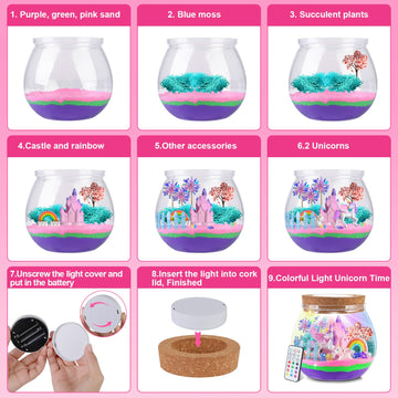 Ronstone Uni-Corn Terrarium Kit Toys For Girls - Birthday Christmas Gift For Girls Ages 4 5 6 7 8-12 Year Old - Light Up Diy Uni