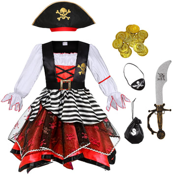 Frekuyrt Girl Pirate Costume Buccaneer Princess Costume Halloween Party Dress Up (7-9 Years)