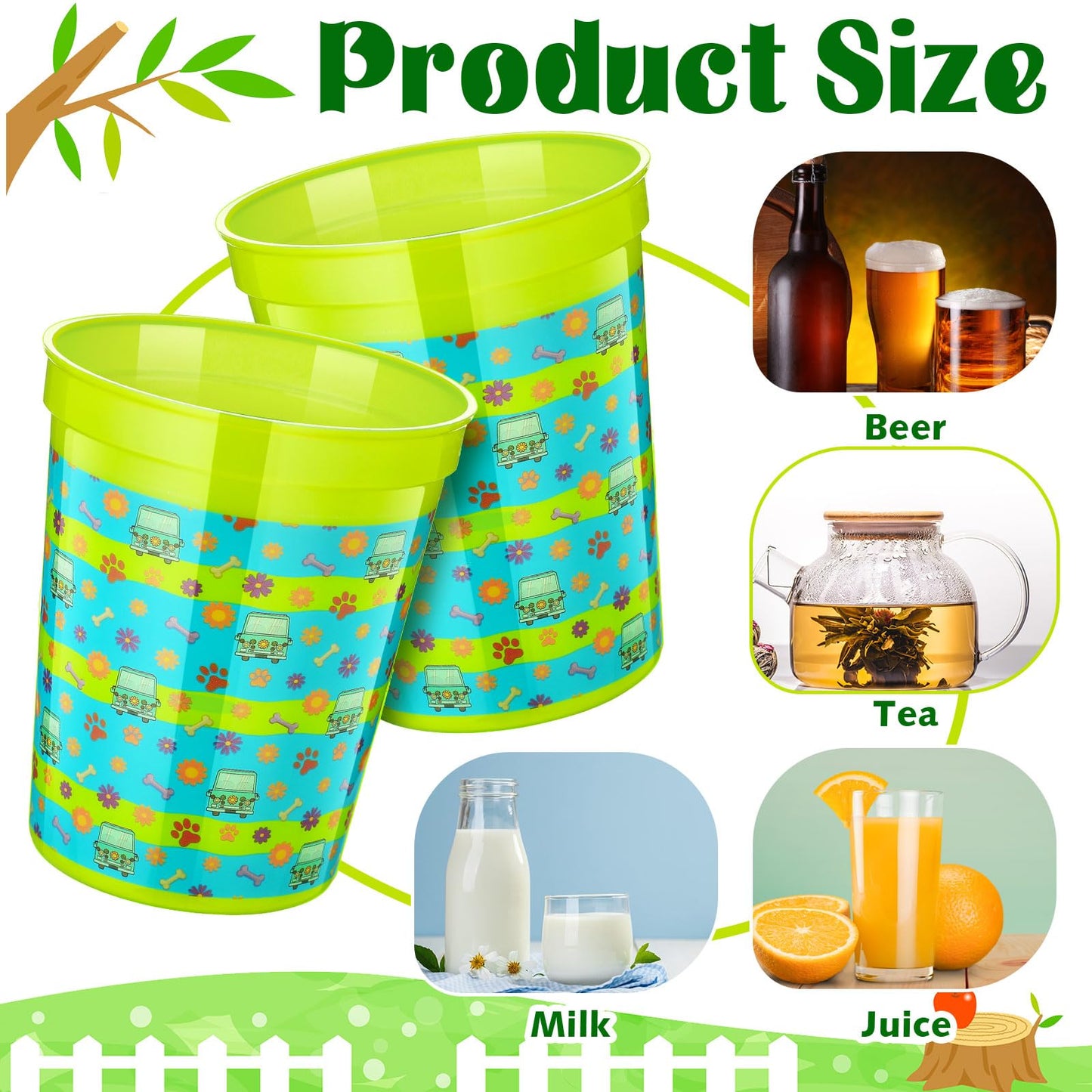 Qinyoung 24 Pack Mysterious Car Theme Party Favor Cups Plastic 16 oz Cartoon Dog Mystery Bus Soby Party Favors Daisy Flower Dog