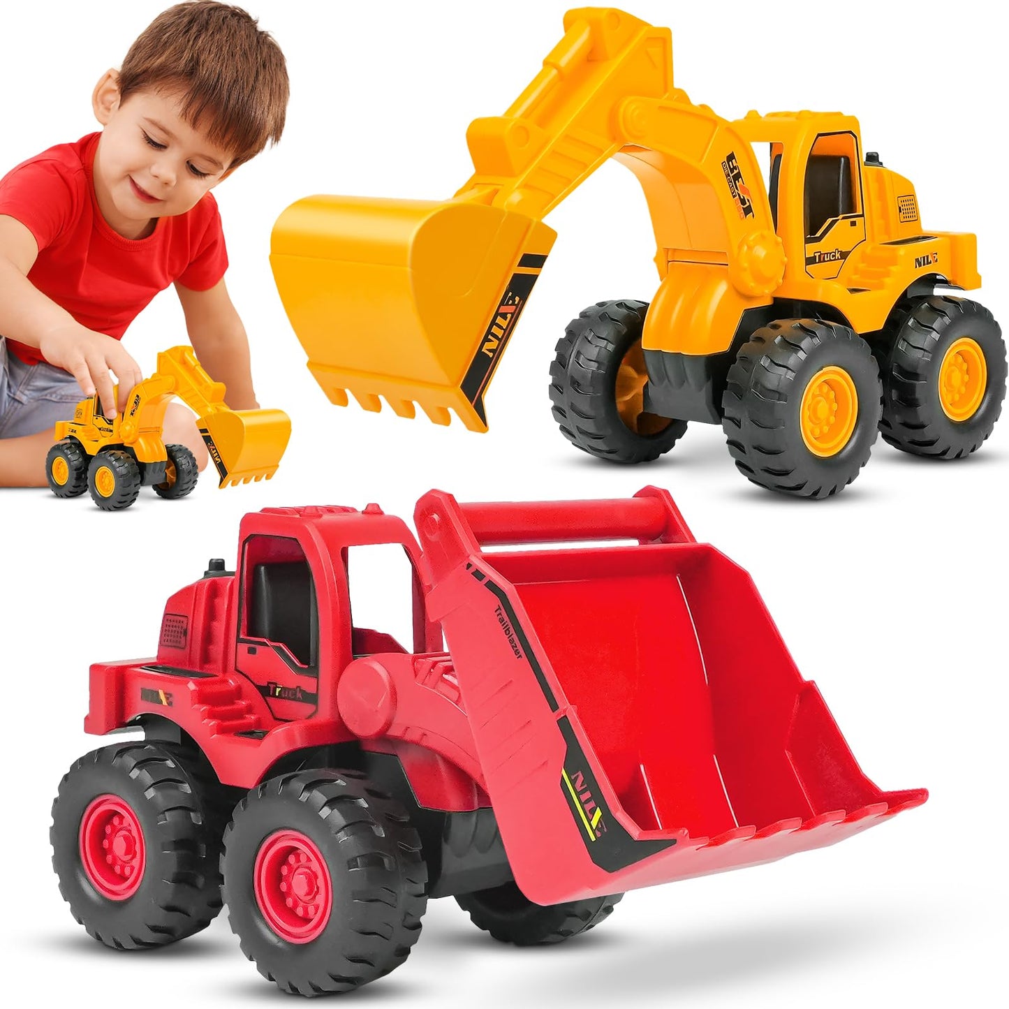 Beestech Construction Toys, Friction Powered Excavator Toy and Construction Loader Toy, Beach Sand Toys, Construction Truck Vehi