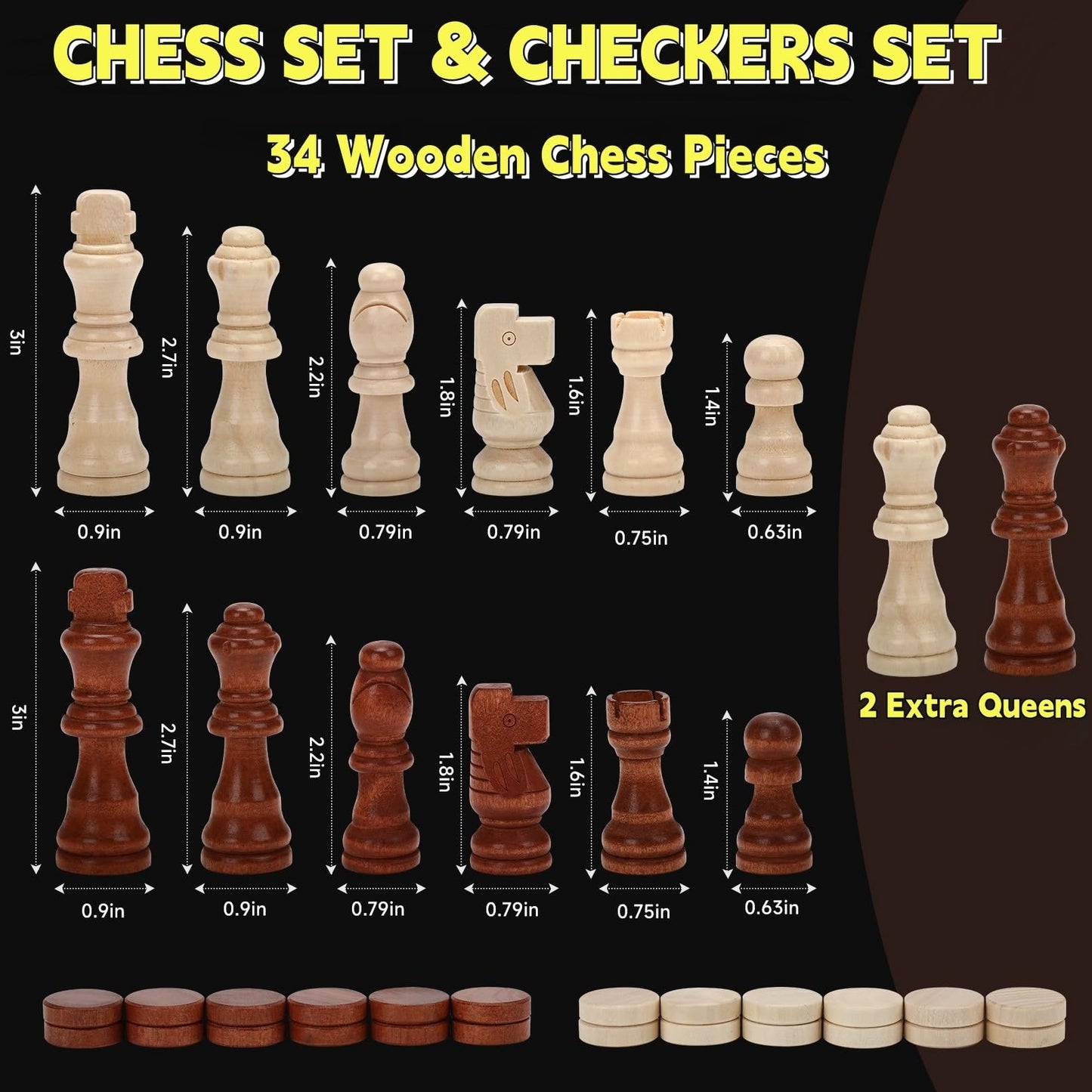 Chess Board Sets, 15 Inch Magnetic Chess Set For Adults & Kids, Checkers Board Game, Handmade Folding Chess Boards With 2 Extra