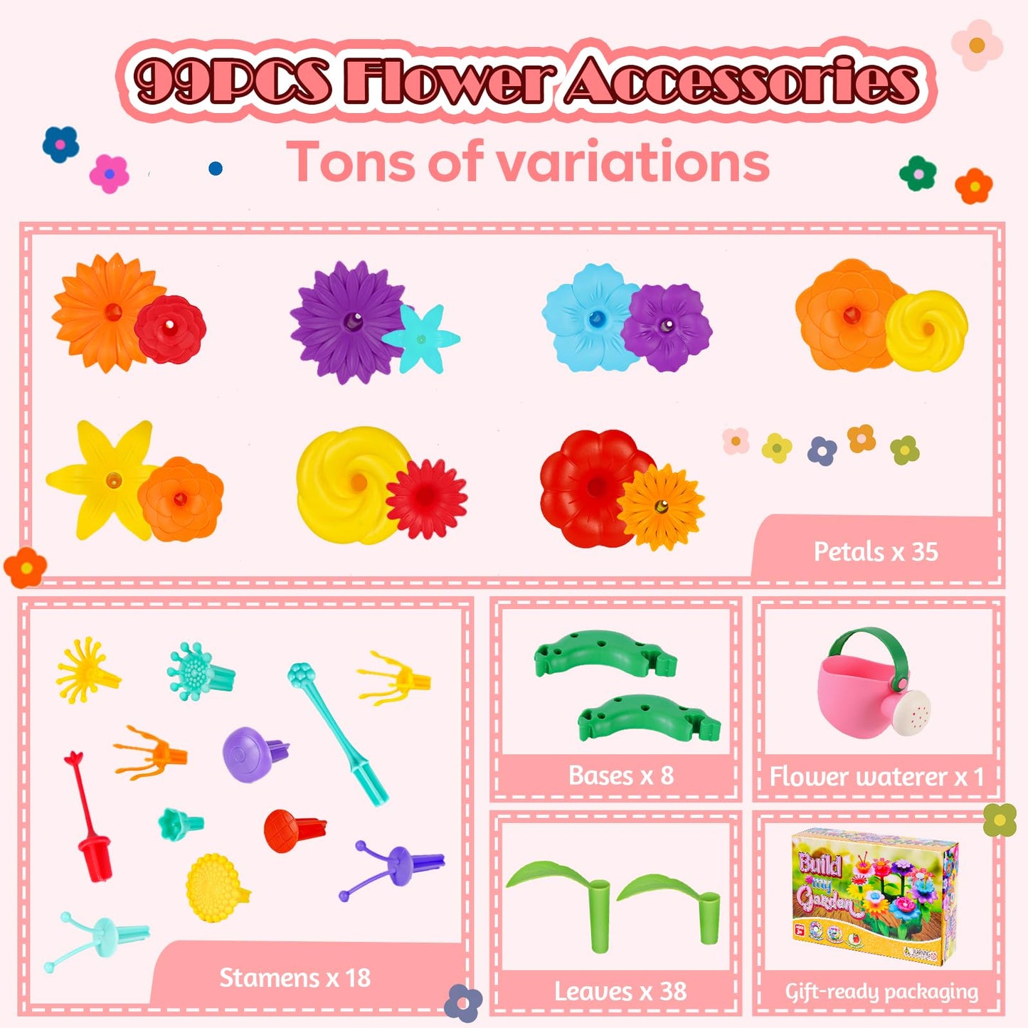 FUNZBO 99pcs Flower Garden Building Toys Set -Spring Toys for 3 4 5 6 7 8 9 Years Old Girls, STEM Montessori Educational Toys fo