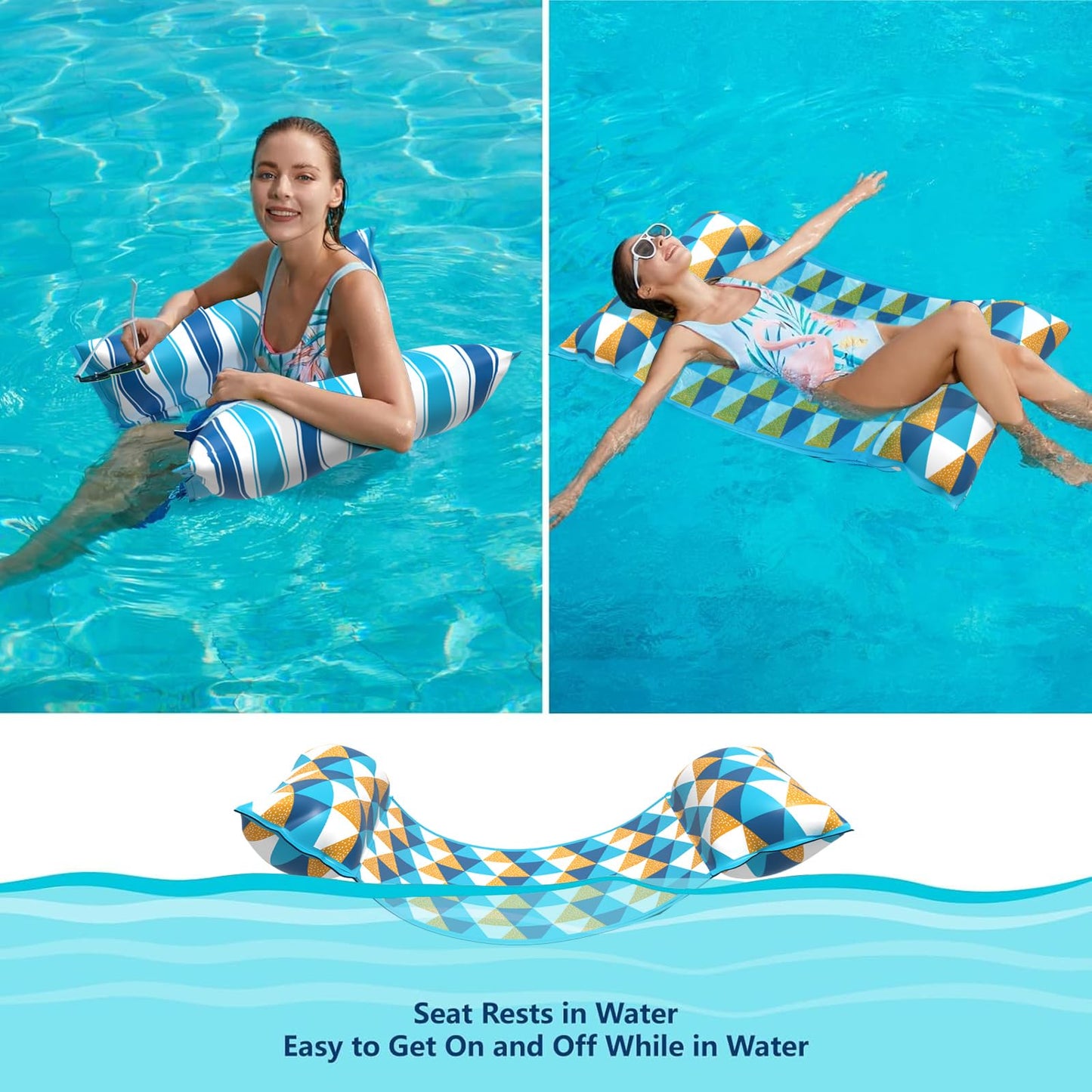 Jasonwell Inflatable Pool Hammock Float - 4 in 1 Fabric Lounger, Large, Multicolor, Model CFWHF-2848CT