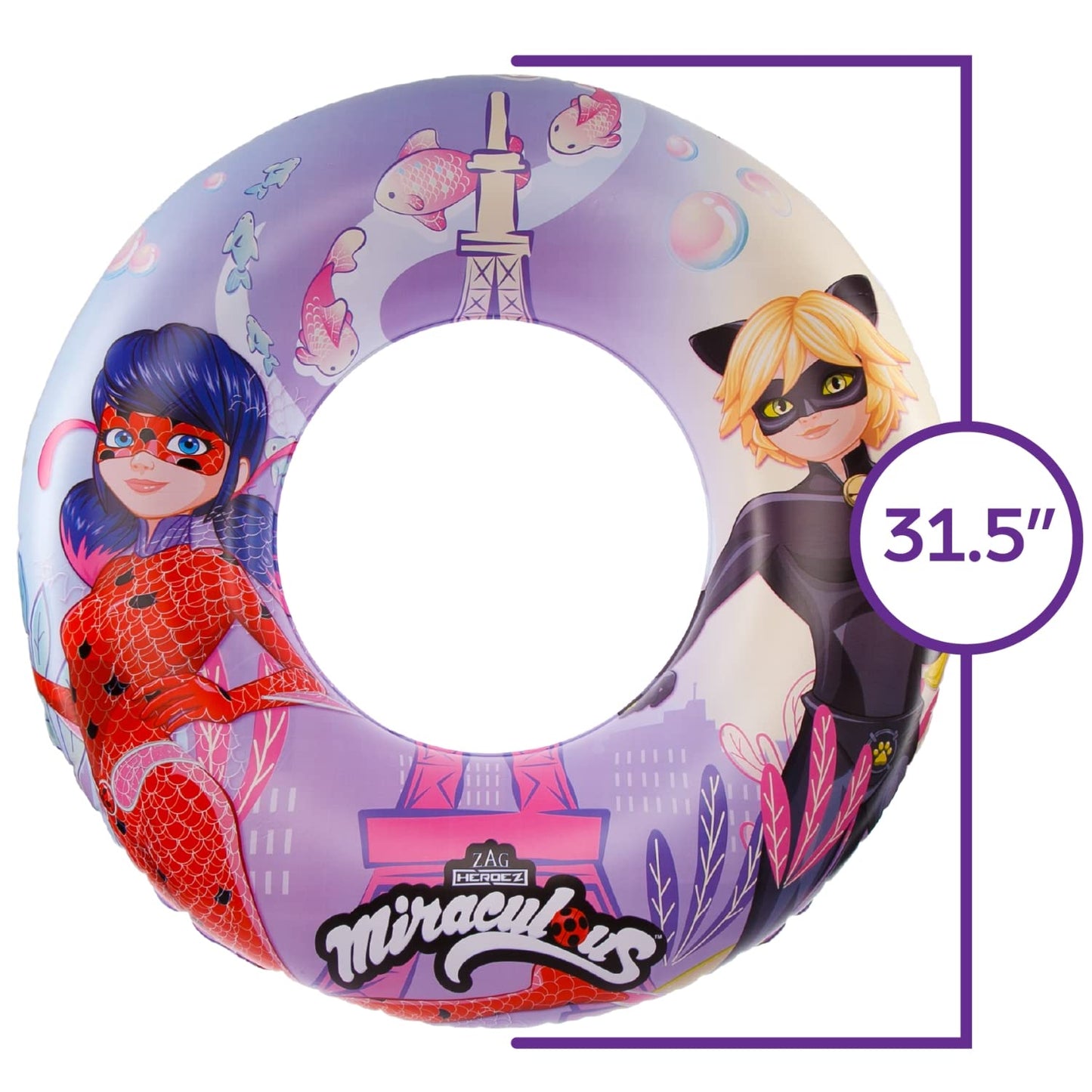Miraculous Ladybug Officially Licensed Pool Float Raft Inflatable Tube - 30 Inches - Cat Noir and Ladybug - Filled with Star Confetti Glitter - Inner Tube Floatie Perfect for Beach  Pool  Lake