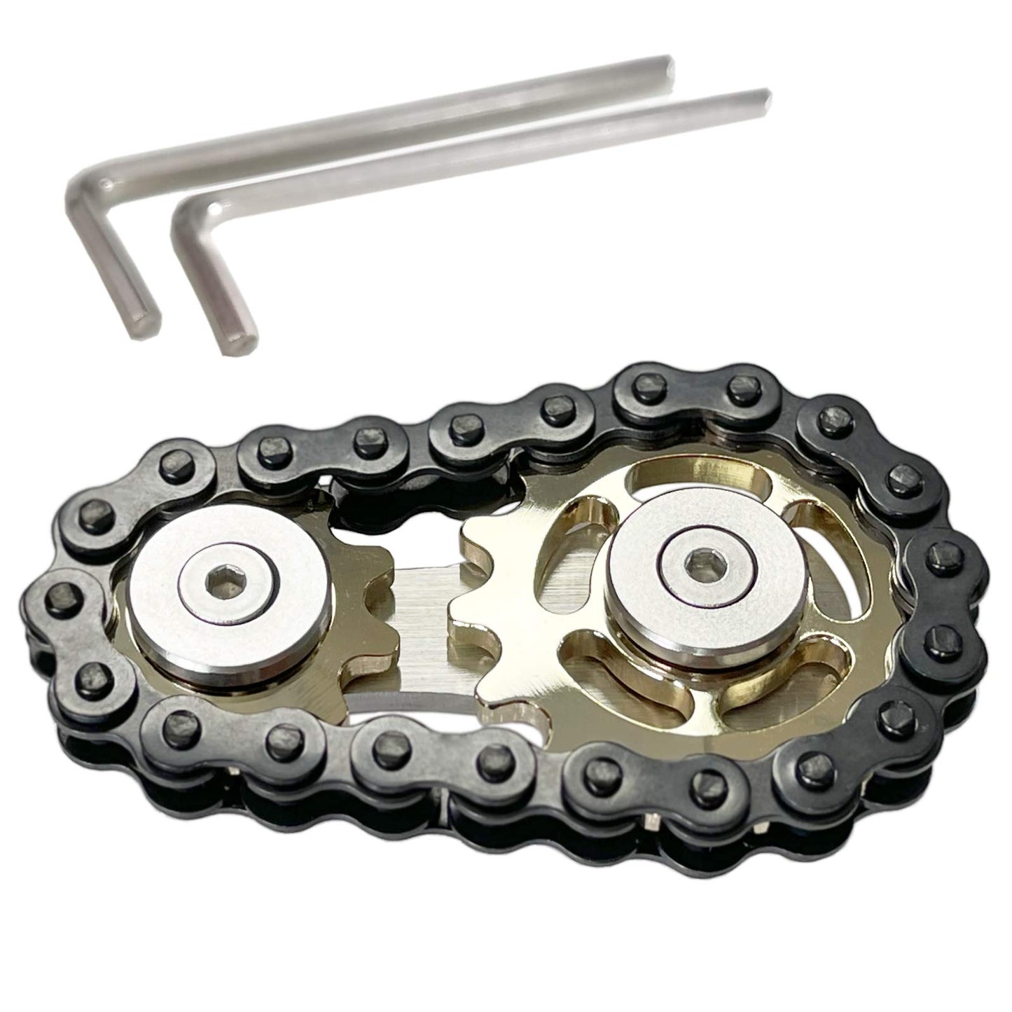 Bitopbi Stainless Steel Sprocket Fidgets Chain Fidget Cube Gears Linkage Bike Chain Novelty Fidget Block Kinetic Desk Toy Metal Edc Focus Meditation Break Bad Habits Adhd (Gold+Black)