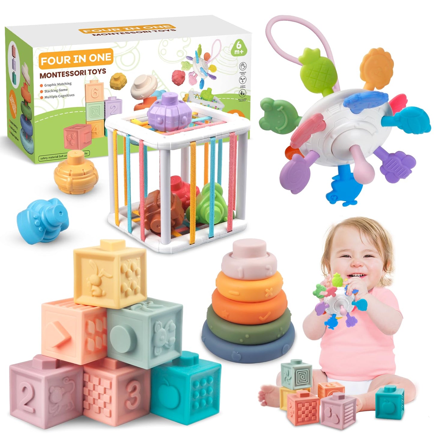 Plunack 4-In-1 Baby Toys For 6-12 Months, Montessori Soft Stacking Blocks For Babies, Infants Teething Toys, Sensory Balls And E