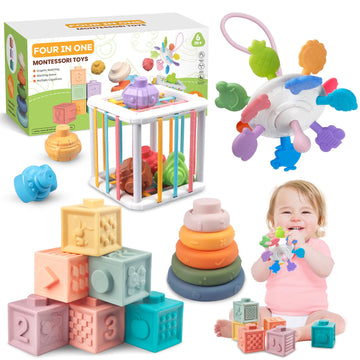 Plunack 4-In-1 Baby Toys For 6-12 Months, Montessori Soft Stacking Blocks For Babies, Infants Teething Toys, Sensory Balls And E