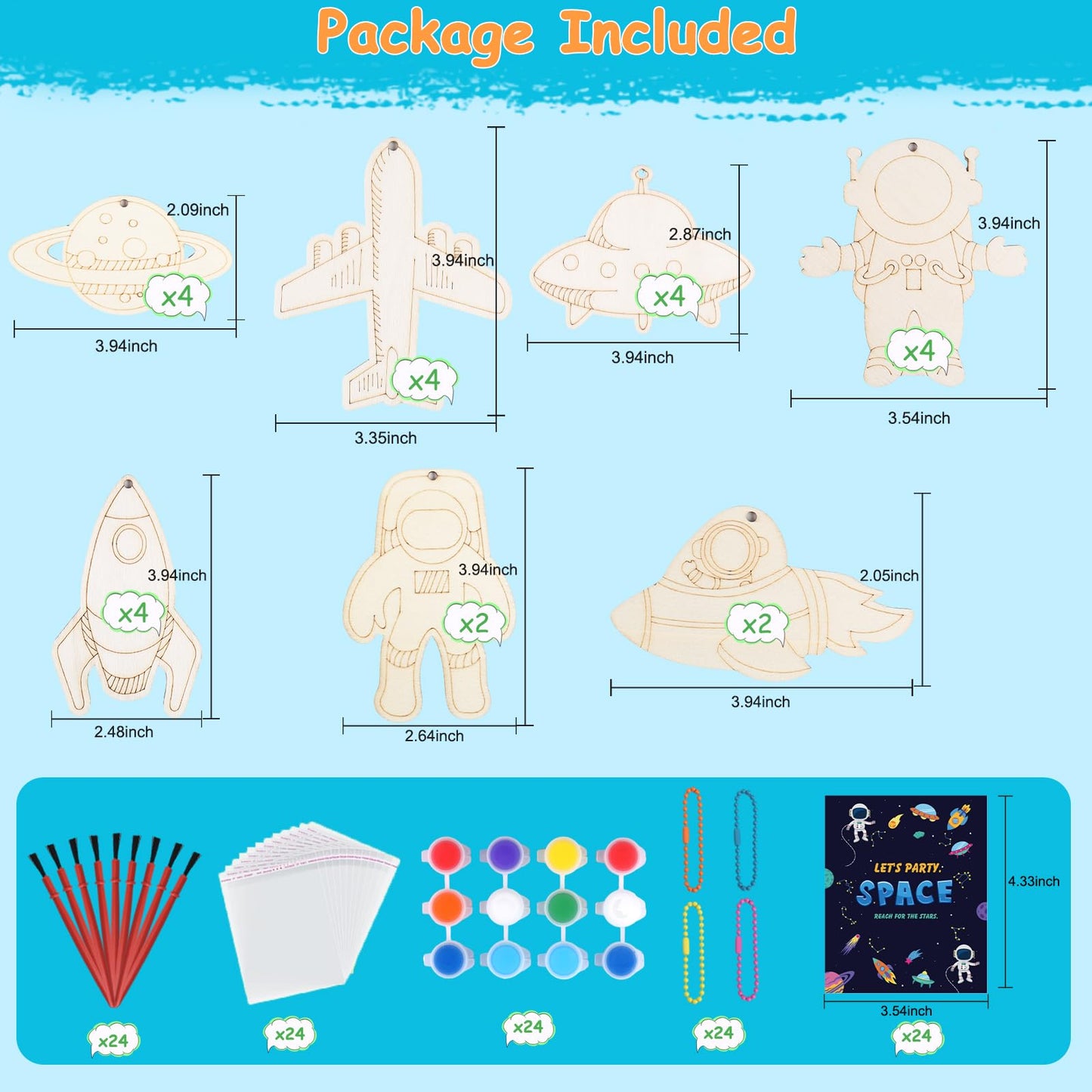 JOTIKO 24 Pack Space Themed Party Favors - Wood Keychain Painting Crafts Kits Art Supplies for Kids, Birthday Goodie Bag Filler