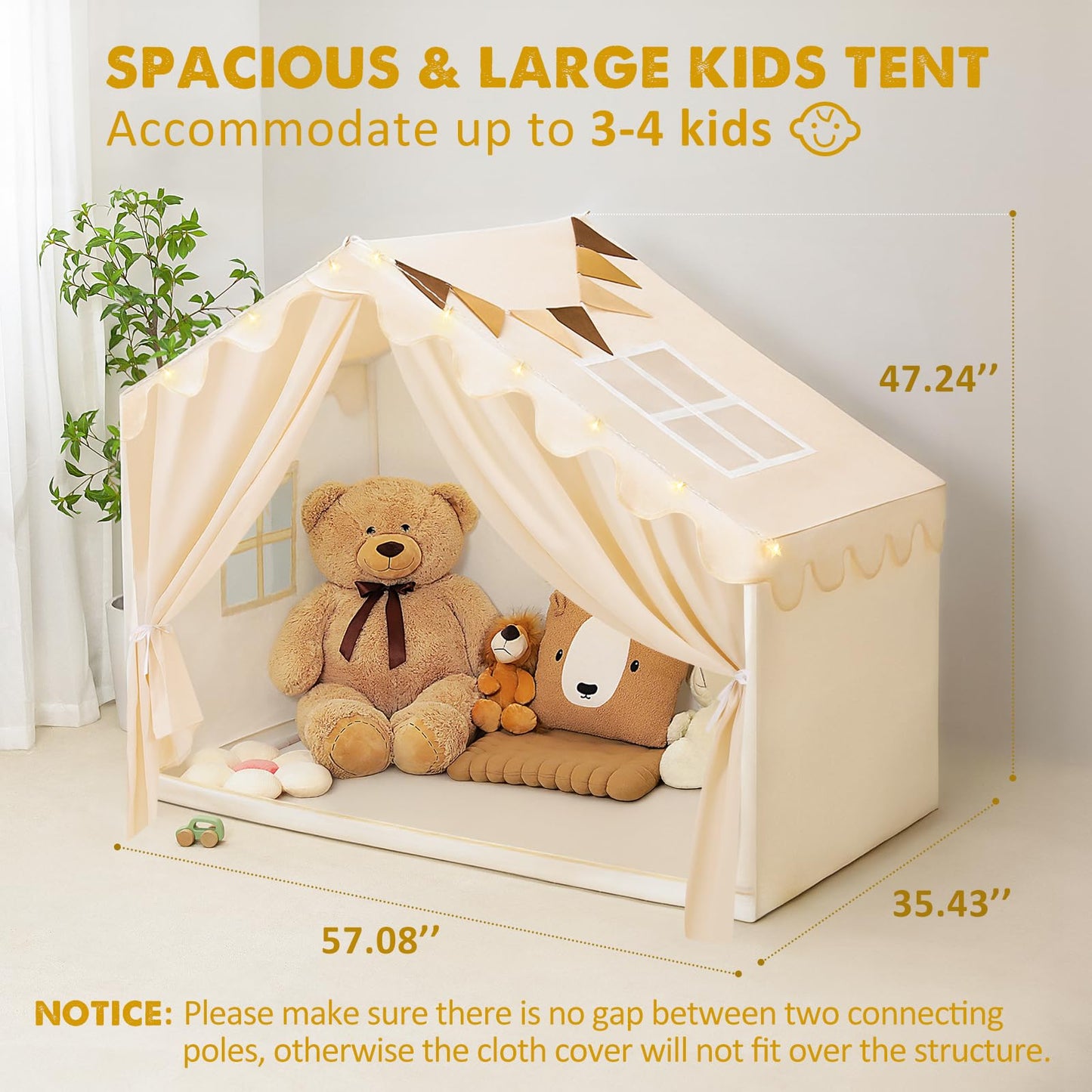 PIIKAGO Kids Tent Indoor with Stat Lights - Play Tent for Kids Ages 4-8  Toddler Playhouse with Cloth Curtain for Girls Boys  57  x 35  x 47  (Beige)