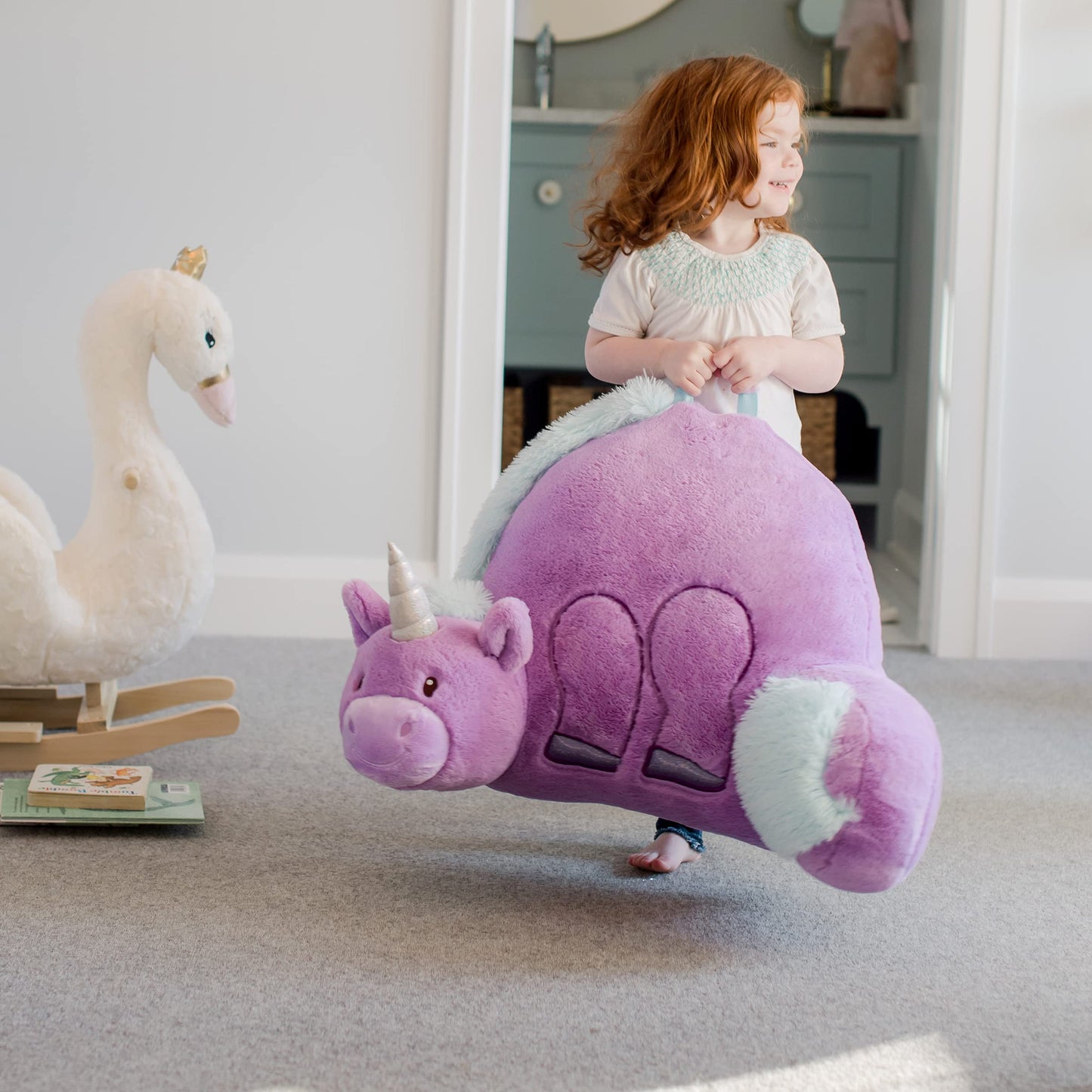 Soft Landing | Nesting Nooks | Soft And Cuddly Portable Back Rest And Reading Pillow With Storage Pocket - Unicorn , Purple 15 X 23 X 14 Inches