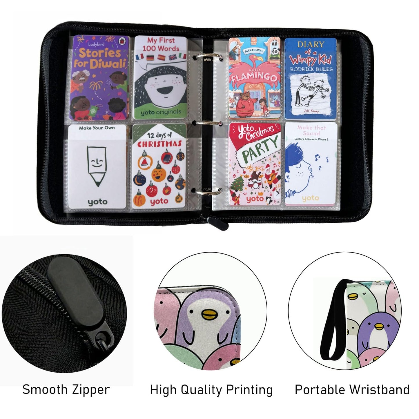 Thisness Yoto Card Holder - Organizer for 120 Cards, Zippered Case, Penguin Color, Model US-DLL, Durable Polyurethane Material