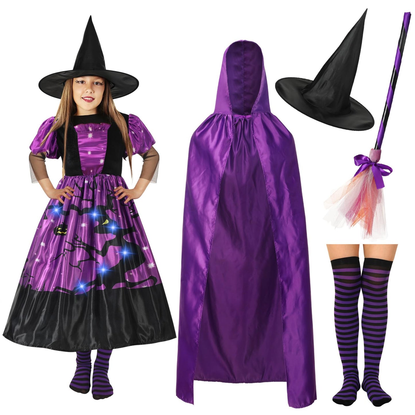 Ramede 5 Pcs Girl Halloween Witch Costume Set Light Up Witch Dress Broom Cloak Hat Sock For Treat Or Trick Party(5-7 Year Old)