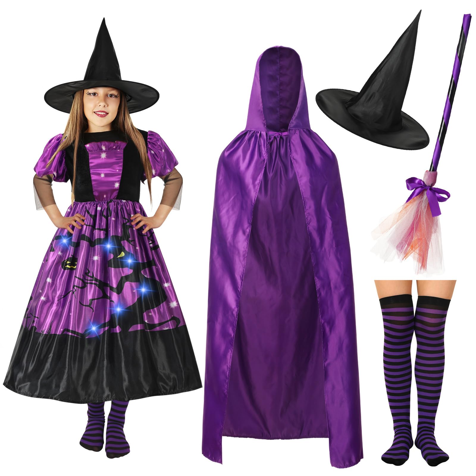 Ramede 5 Pcs Girl Halloween Witch Costume Set Light Up Witch Dress Broom Cloak Hat Sock For Treat Or Trick Party(5-7 Year Old)