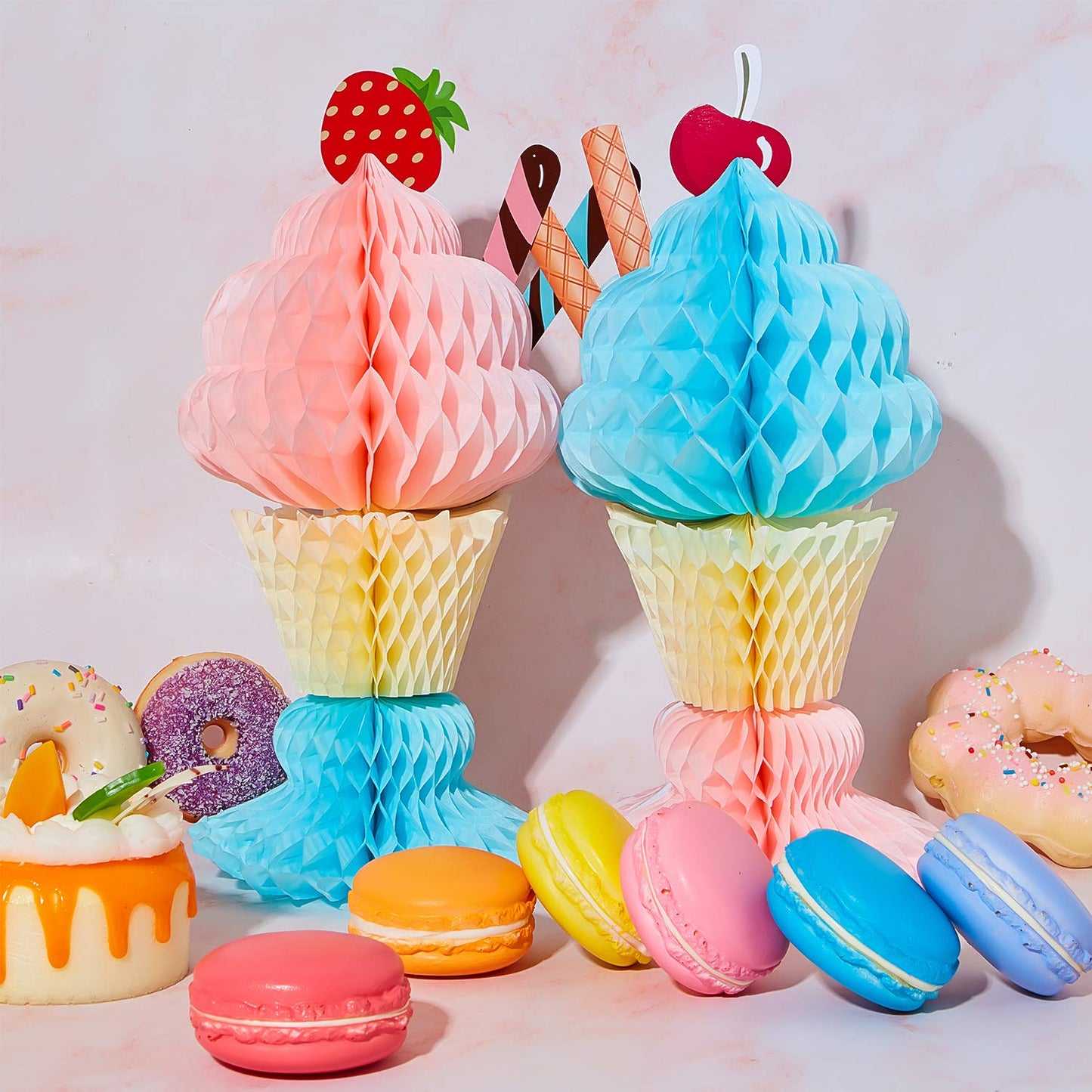 Outus 4 Pcs Tissue Ice Cream Honeycomb Sundae Table Centerpiece Ice Cream Party Decorations For 50S Themed Ice Cream Sundae Theme Party Supplies