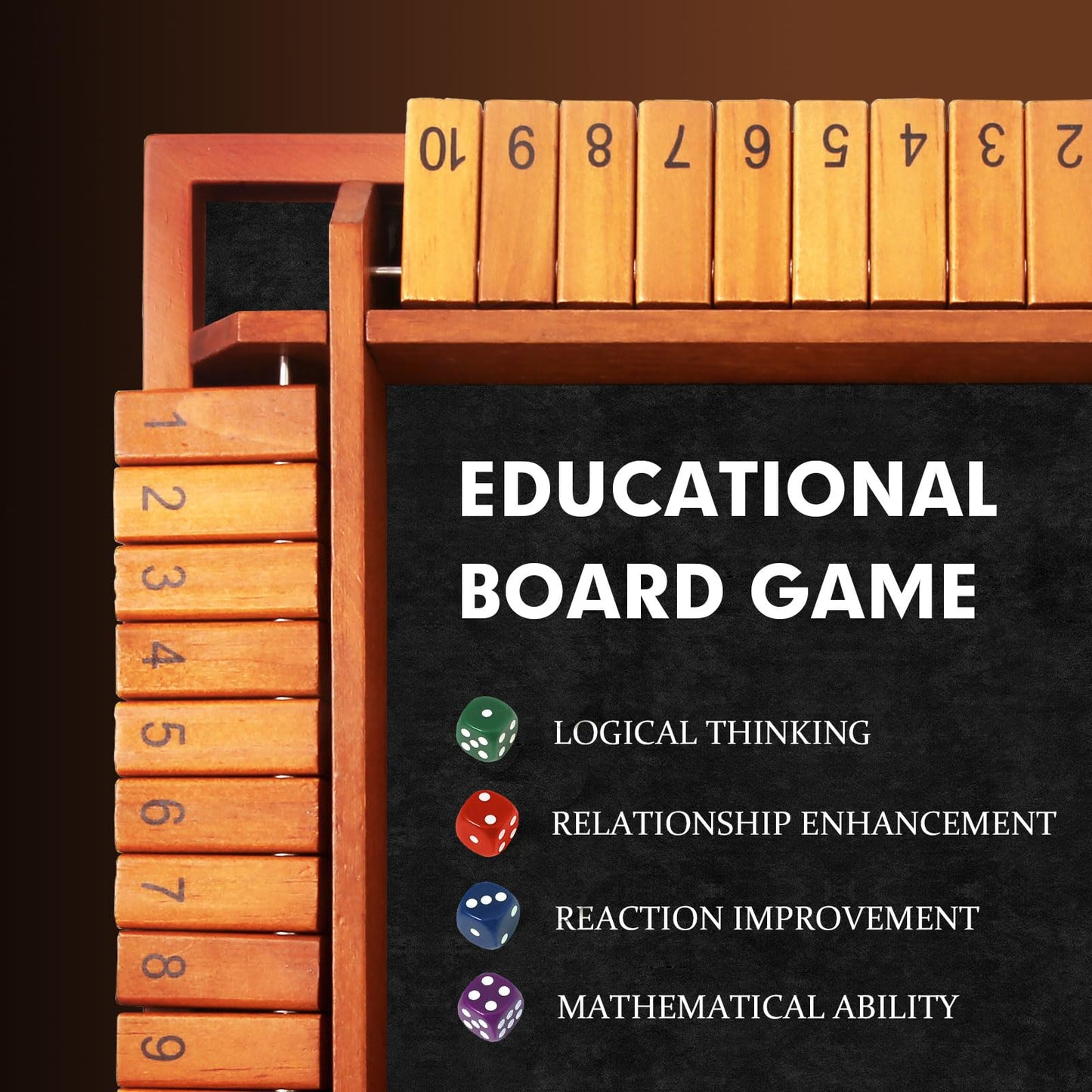 Tooybing Upgraded 1-4 Players Shut The Box Dice Game, Wooden Board Table Family Game For Kids And Adults With 12 Dice, Classic T