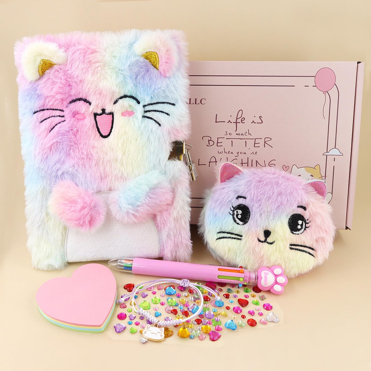 Cat Diary With Lock, Gift For 6 7 8 Year Old Girl, Secret Diary Journal Notebook With Coin Purse, Multicolored Pen, Post-It Note