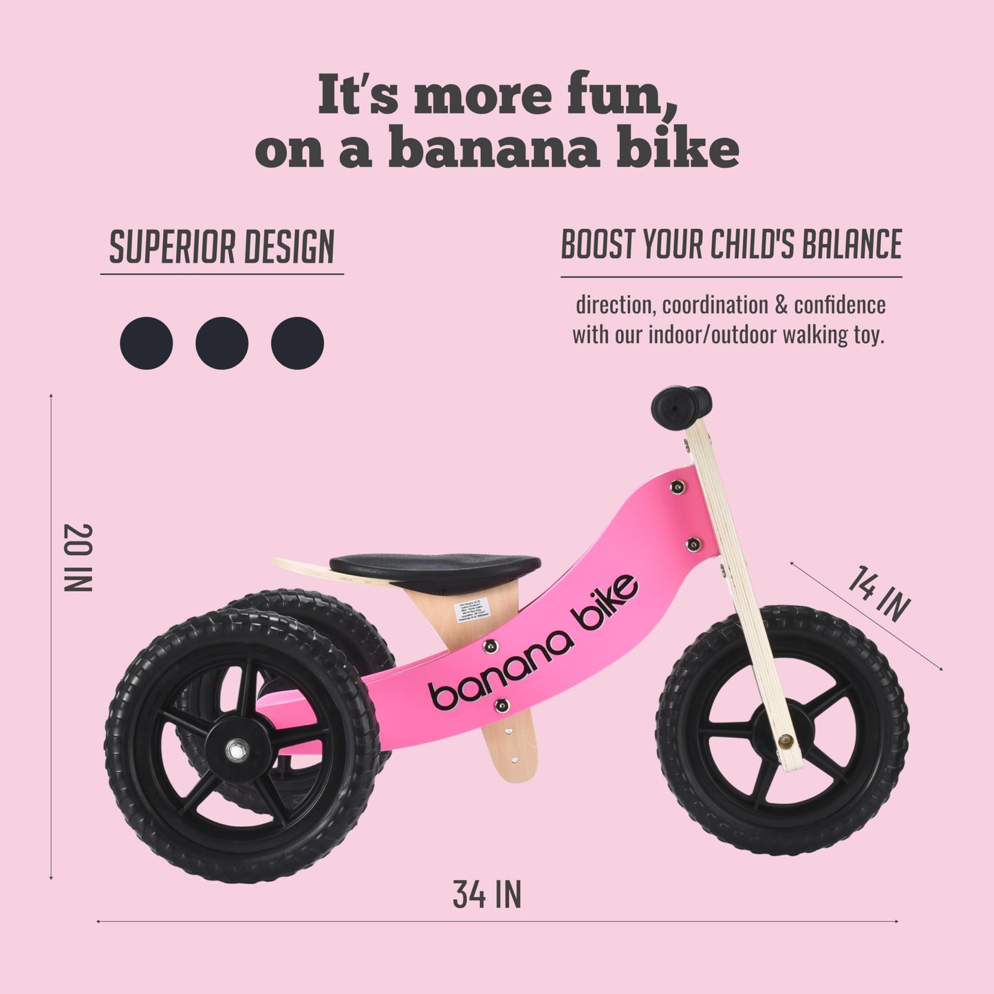 Banana Bike Toddler Wooden Balance Bike - No Pedals Tricycle - Puncture Proof Tires, Ergonomic And Durable - Birthday Gift For Boys And Girls