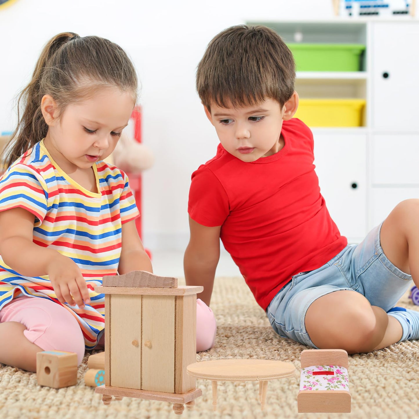 Joinpaya 1 Set Miniature Dollhouse Wooden Bedroom: Diy Mini Furniture Room Pretend Play Bed Wardrobe Kit Accessories3.69X1.38X1.