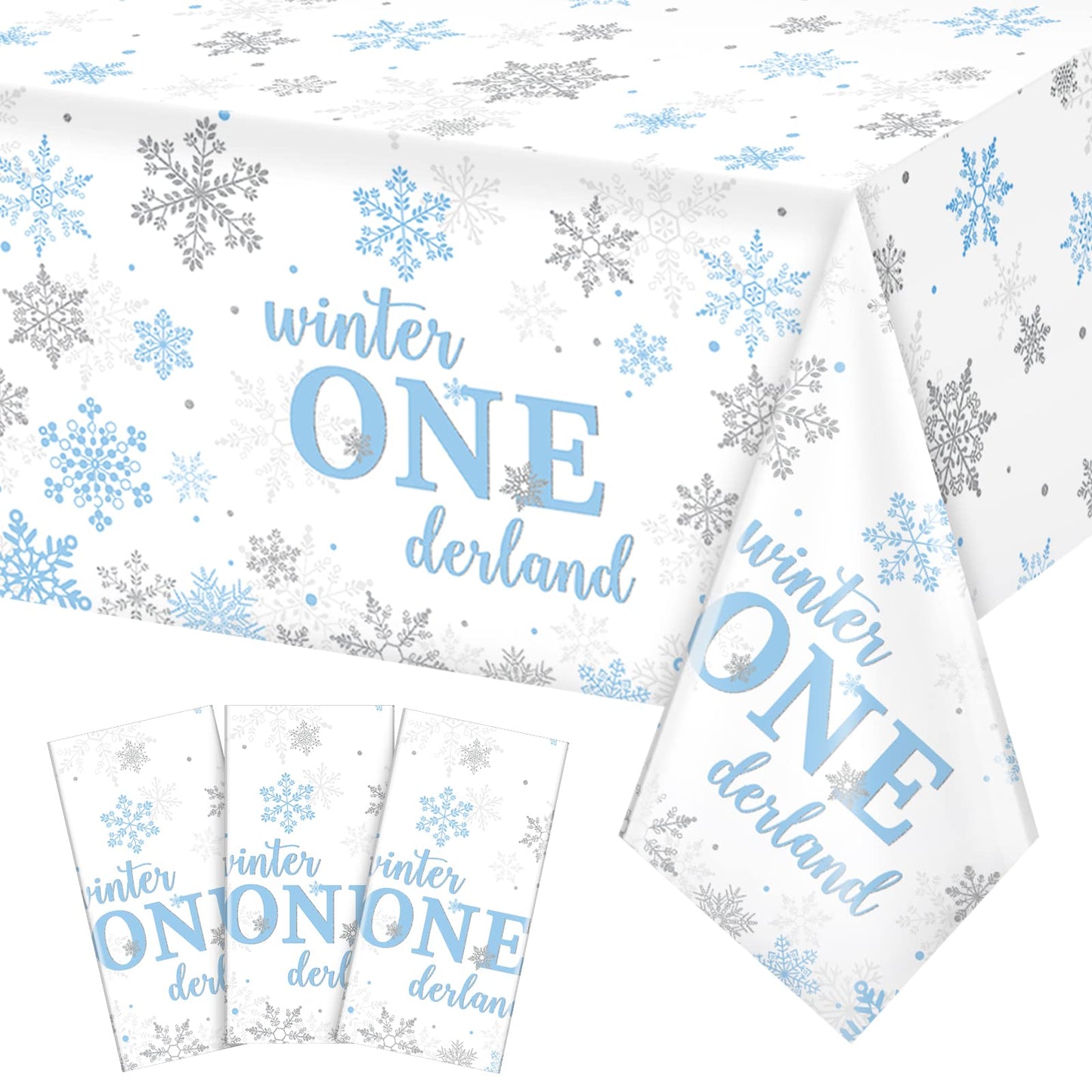 3Pcs Christmas Winter Onederland 1st Birthday Tablecloth Disposable Blue and Silver Snowflake Plastic Table Cloths for Winter On