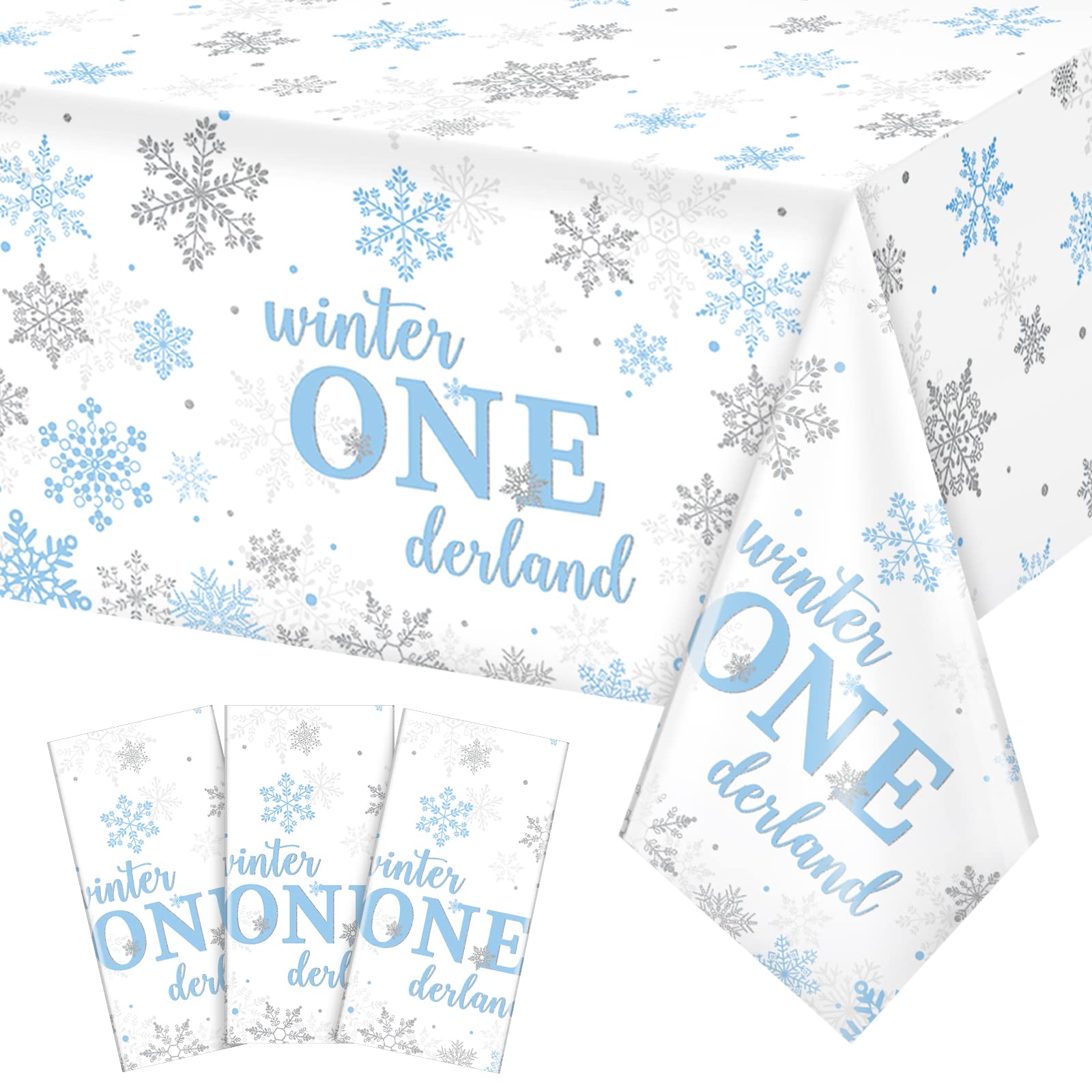 3Pcs Christmas Winter Onederland 1st Birthday Tablecloth Disposable Blue and Silver Snowflake Plastic Table Cloths for Winter On
