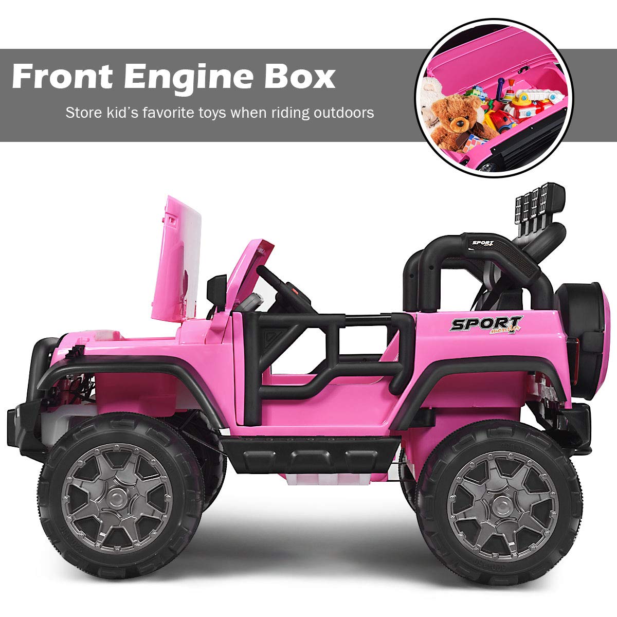 Costzon 2-Seater Ride On Truck, 12V Battery Powered Electric Vehicle Toy W/Remote Control, 3 Speed, Led Lights, Mp3, Horn, Music, 2 Doors Open, Spring Suspension, Ride On Car For Kids (Pink)