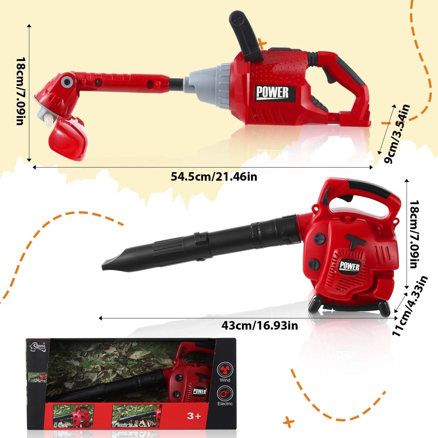 Arrowbash 2 Pcs Toy Gardening Tool Set for Kids Toy Leaf Blower Lawn Trimmer Chainsaw Battery Powered Gardening Tool Set with Lights and Sounds Gift for Boys Girls (Classic Style)