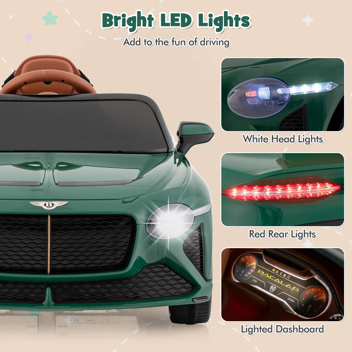 Costzon Ride On Car, 12V Licensed Bentley Bacalar Battery Powered Kids' Electric Vehicles W/Remote Control, Scissor Doors, Wireless Connection, Lights/Sound Effects, Kids Car Toys For Toddlers(Green)