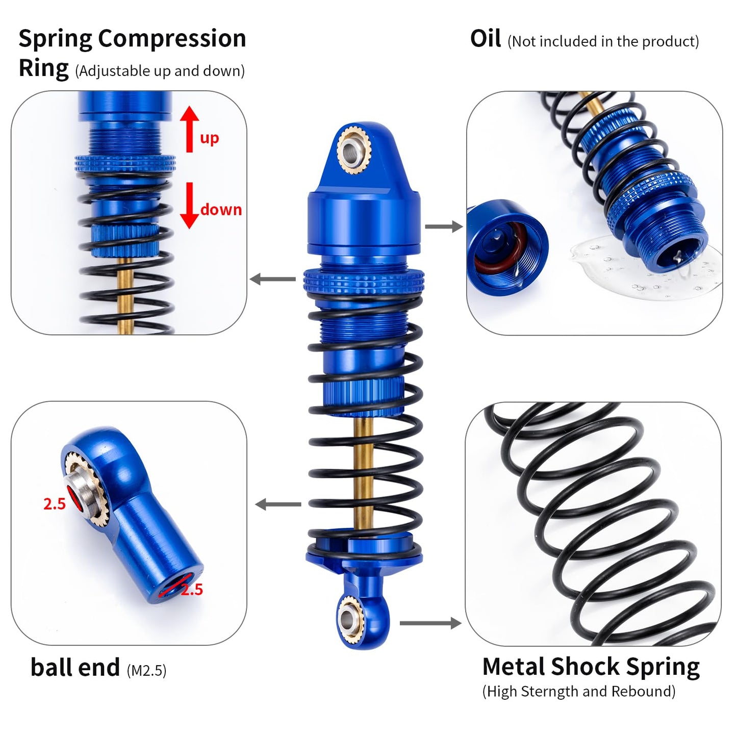 Brkrc Aluminum Front Rear Shocks Absorber Rc Damper For Arrma 1/18 Granite Typhon Mojave Grom Rc Crawler Upgrade (Blue)