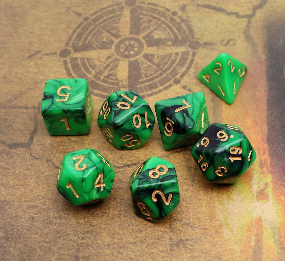 Creebuy Green Mix Black Dice Set Dnd Polyhedral Dice For Dungeon And Dragons D&D Rpg Role Playing Games 7-Die Set