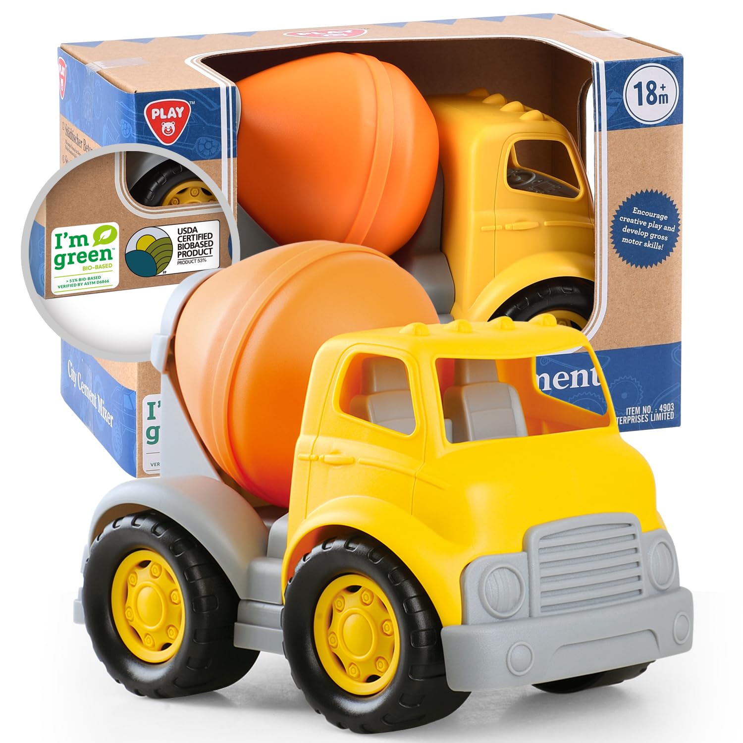 PLAY Eco-Friendly Cement Mixer Toy Truck, [USDA Certified] No BPA/Phthalate/PVC, Recycled Bioplastic Construction Vehicle Gift f