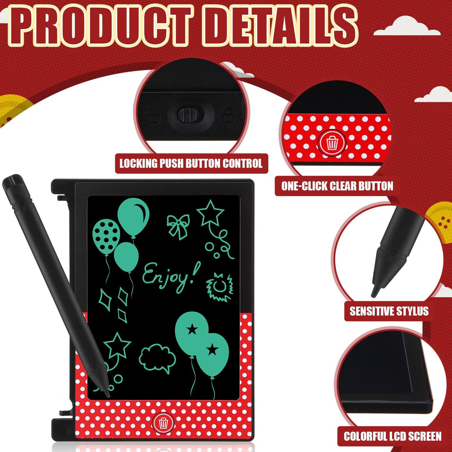 Nezyo 12 Pack Kids Party Favors LCD Writing Tablet for Kids 4.6 Inch Mini Doodle Board Erasable Red White Polka Dots Drawing Tab