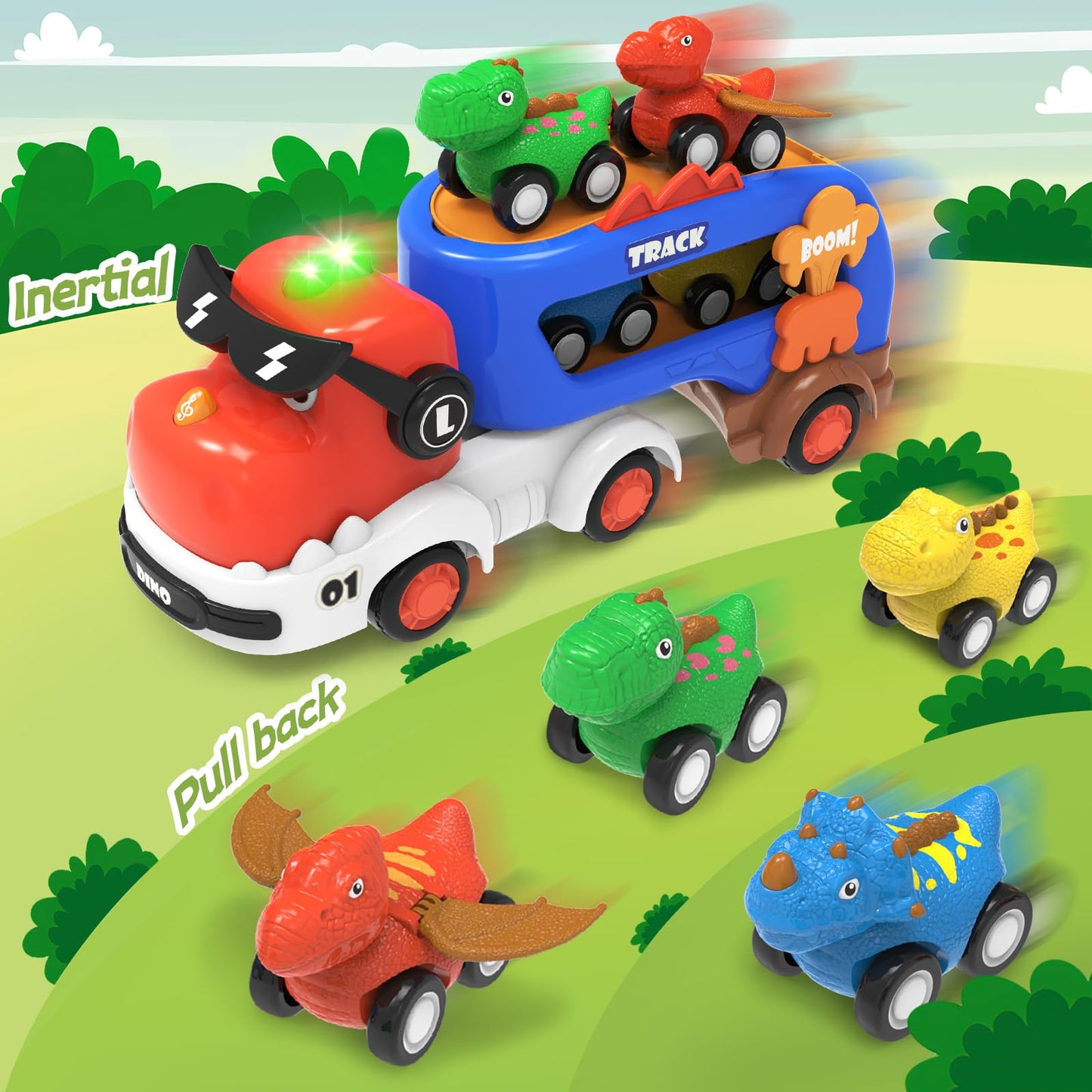 seveclotree Dinosaur Toys for Kids 2 3 4 5 6,5 in 1 Dinosaur Truck with 4 Dino Car,Light & Sound,Toys for 2-7 Year Old Boys Todd